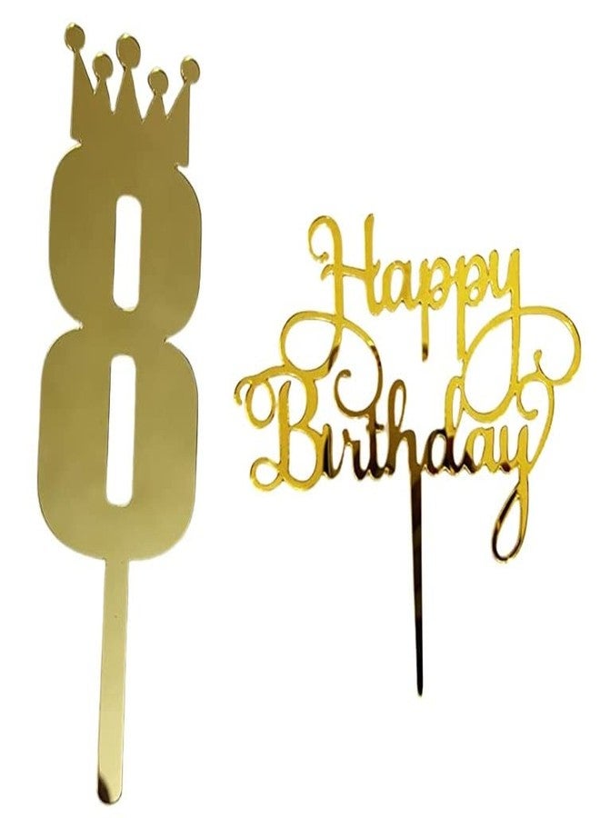 موريل زينة كعكة موريل الذهبية اللون رقم 8 مع زينة عيد ميلاد سعيد لتزيين كعكة عيد ميلاد الأطفال، أعلام للبنات/الأولاد/الأطفال. - Image 1